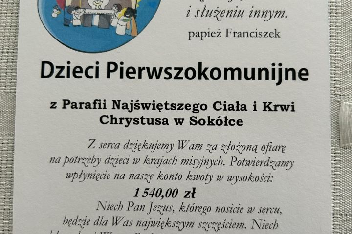 Dar dzieci pierwszokomunijnych dla misji 2024