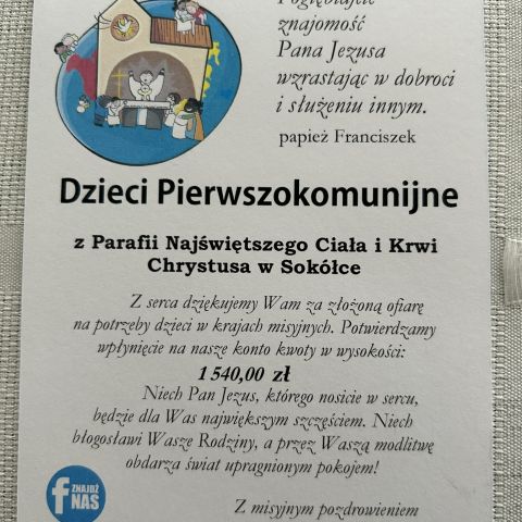 Dar dzieci pierwszokomunijnych dla misji 2024